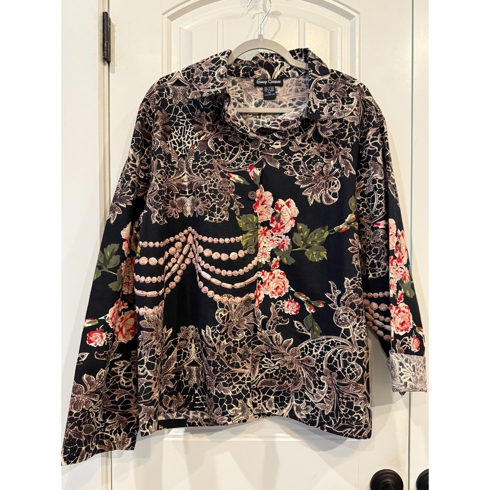 Gandy Couture Black‎ Floral Lace Print Button Down Blouse Size 1X